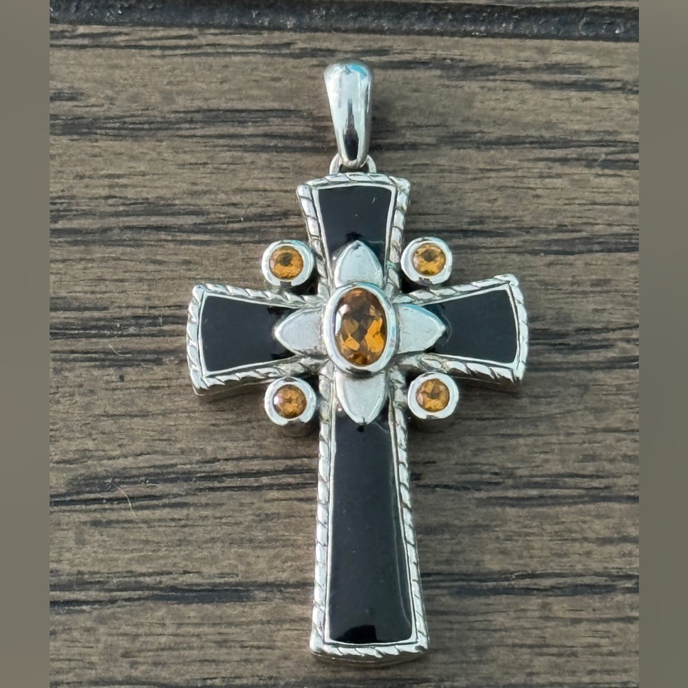 Designer CNA Black Onyx and Citrine 925 Cross Pendant